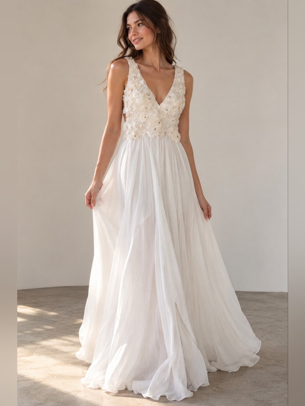Arbel's Ivory Sequined Floral Cutout Maxi Dress Gown Size S